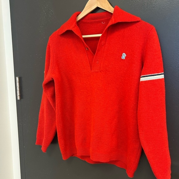 Rossignol M-L vintage wool sweater with tiny bear logo one striped sleeve EVC - Picture 2 of 16